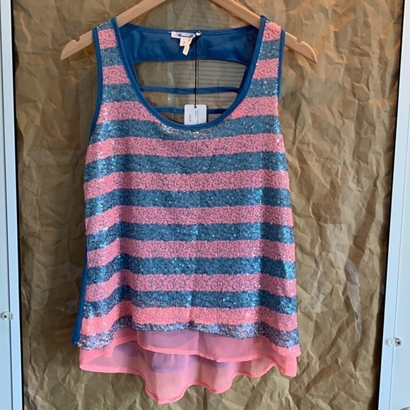 Marineblu || NWT Pink Blue Sequin Semi Sheer Striped Layered Hi Low Tank Top S - Picture 1 of 14